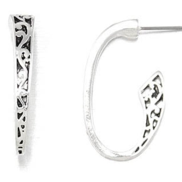 Silver Open Oval Hoop Dangle Earrings Black Swirl Design Designer Look New - Picture 2 of 4